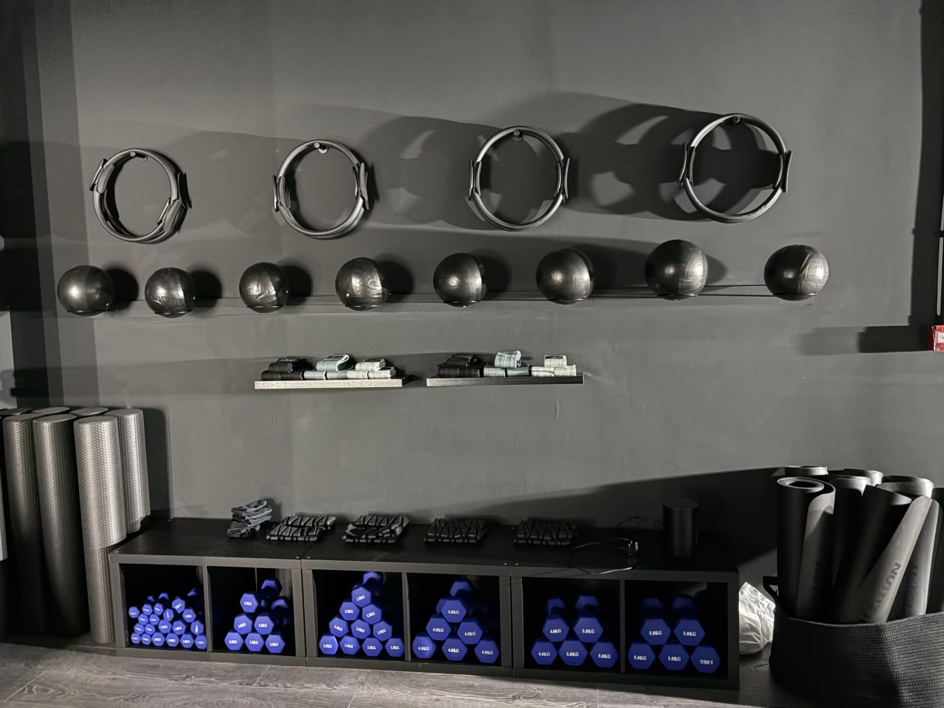 Pilates rings, balls and dumbbells in the studio